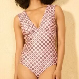 NWT Shade & Shore One Piece Geo Print Plunge Tummy Control Swimsuit Bathing Suit